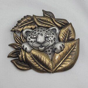 JJ Vintage Leopard Jungle Brooch Pin Pewter Brass Leaf Design Animal Jewelry